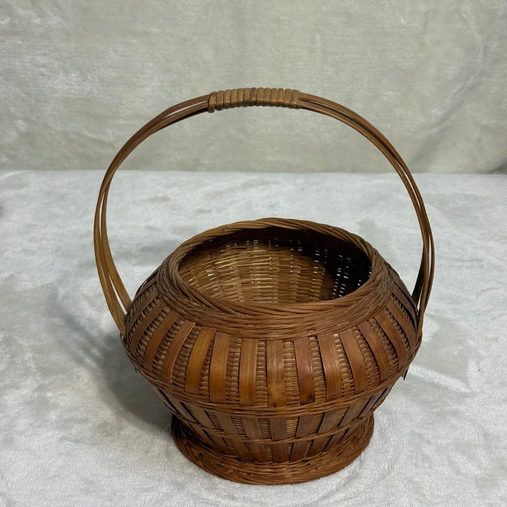 Vintage Small Brown Woven Basket with Handle Round Bulbous Rustic Farmhouse 90s